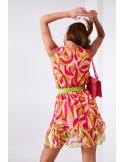 Light patterned dress with a belt, neon green and pink 03040 - Online store - Boutique